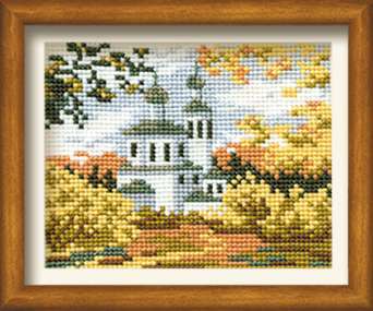 Схема вышивания крестом - Осенний пейзаж с церковью