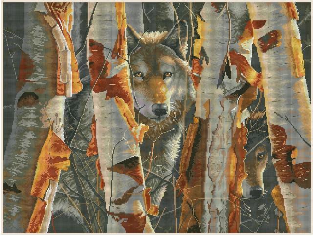 Схема вышивания крестом - Волк в лесу